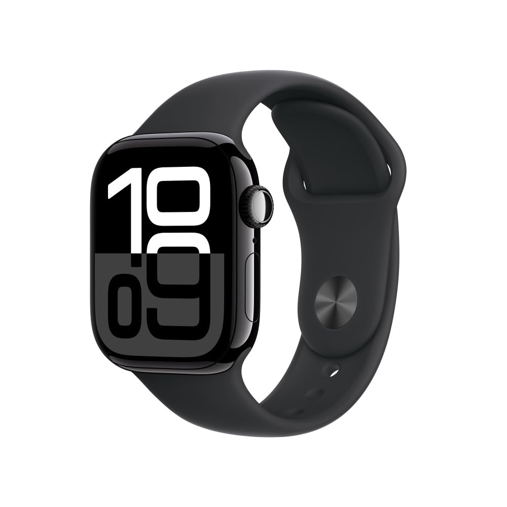 Black Apple Watch Series 10 GPS with sleek black sports band and digital display
