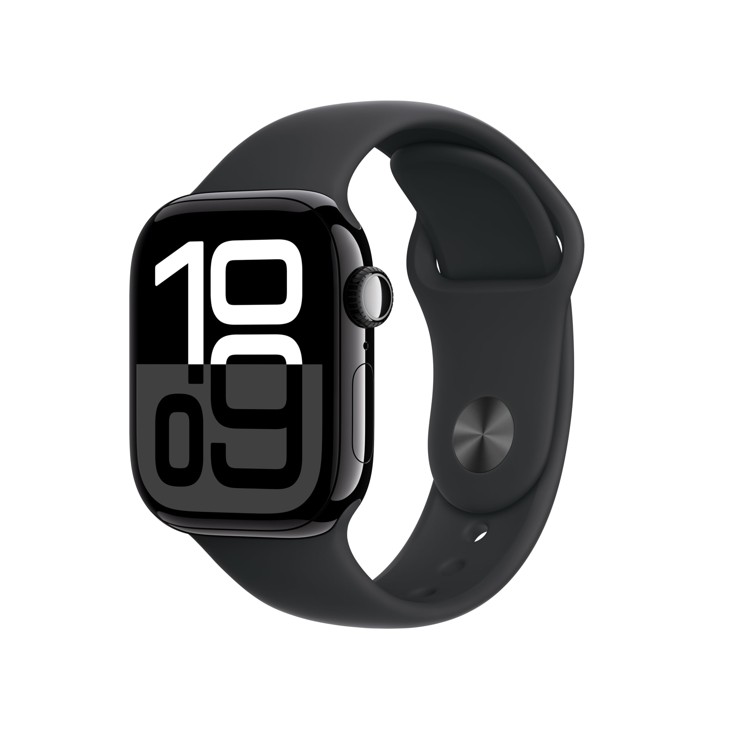 Apple Watch Series 10 GPS with black sport band and large digital display showing time