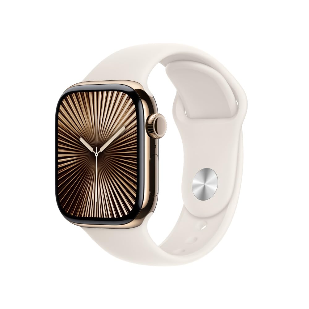 Apple Watch Series 10 GPS with gold case and white sport band displaying a radial clock face