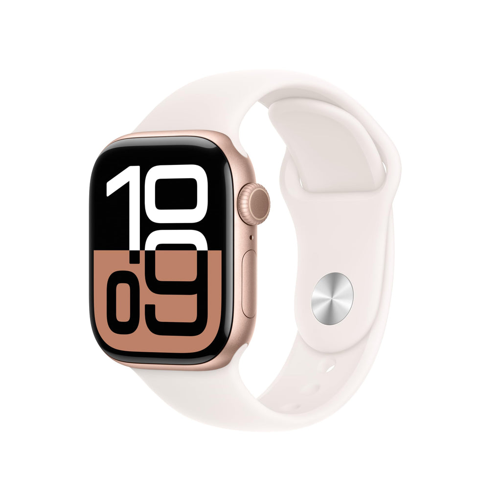 Apple Watch Series 10 GPS with rose gold case and white sport band display showing digital time