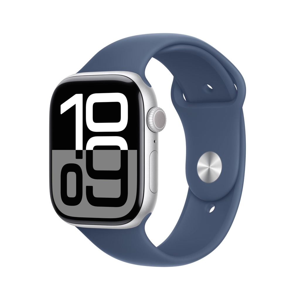 Apple Watch Series 10 GPS with silver case and blue sport band displaying digital time