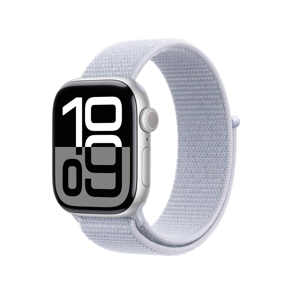 Apple Watch Series 10 GPS with silver aluminum case and light gray fabric loop band