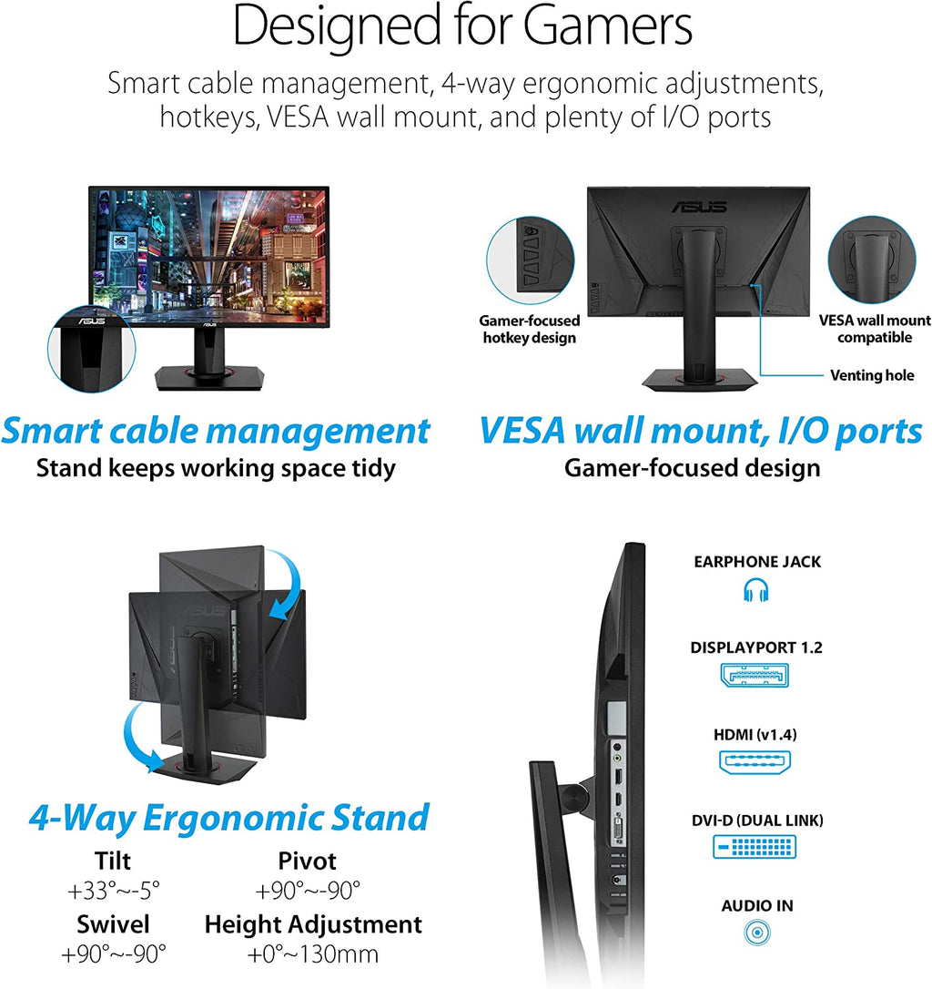 Craques 24 inch G-SYNC gaming monitor with smart cable management, ergonomic stand, and VESA wall mount