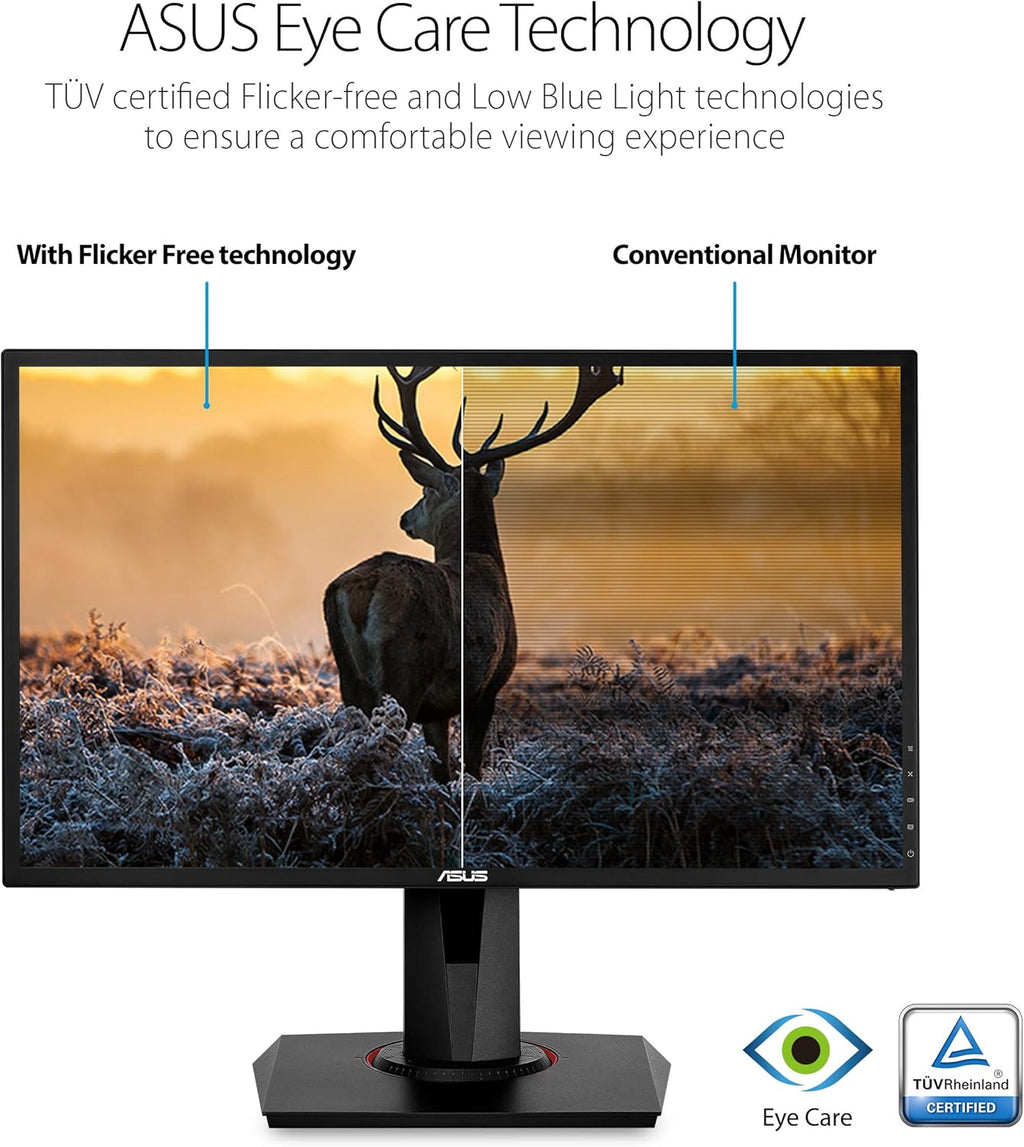 Craques 24 inch G-SYNC gaming monitor with ASUS Eye Care technology showing flicker free and conventional display comparison