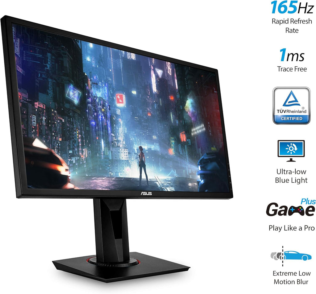 24 inch G-SYNC gaming monitor by craques displaying a futuristic cityscape with fast refresh and low blue light