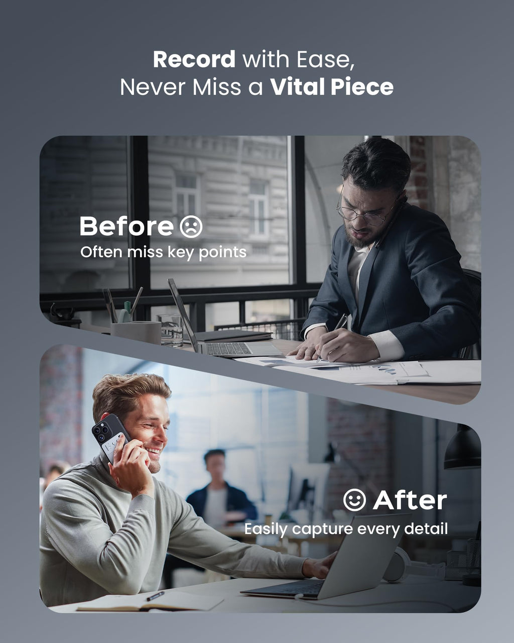 AI voice recorder with transcription showing before and after use in office work capturing key points and details