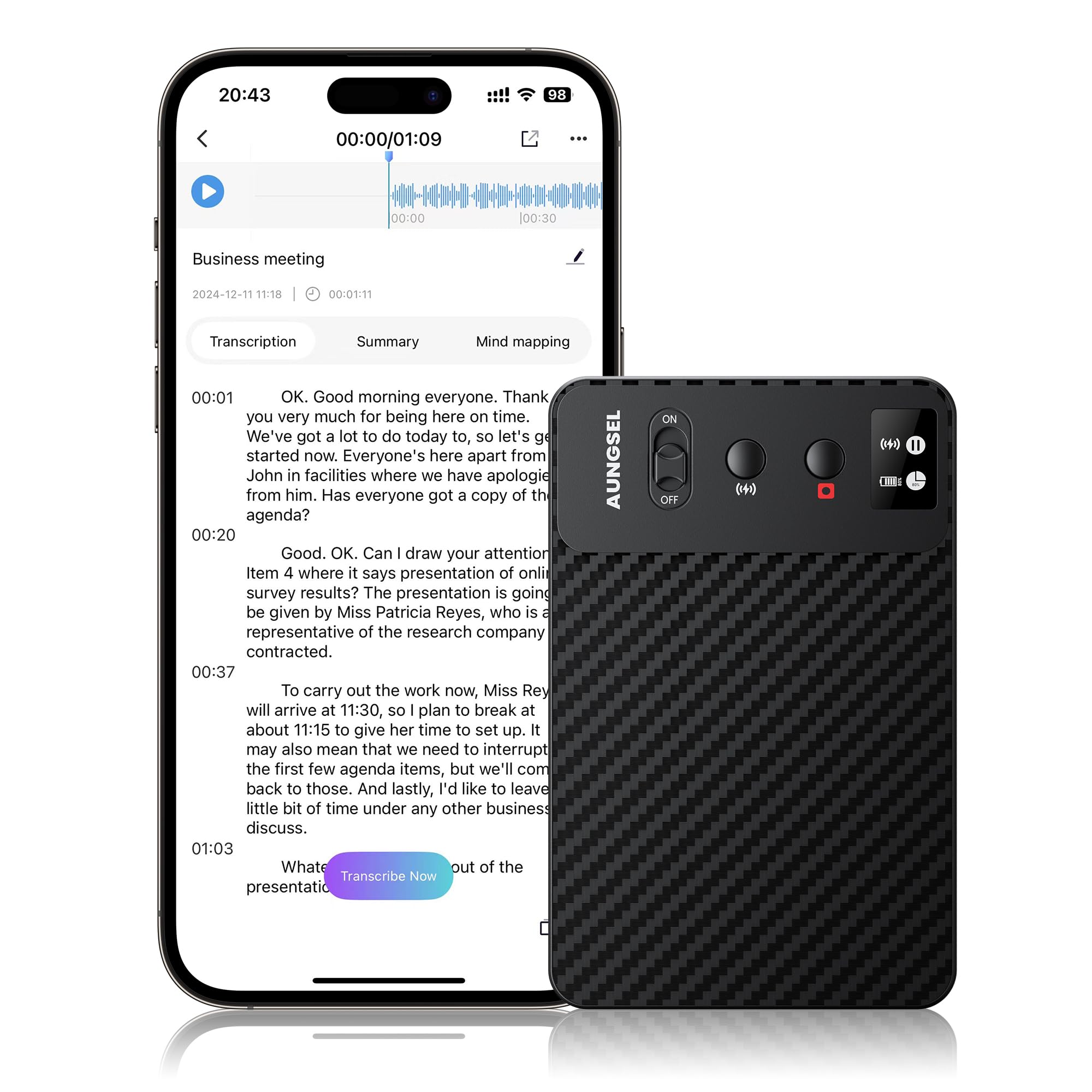 AI voice recorder with transcription by Craques displaying recorded text on smartphone screen