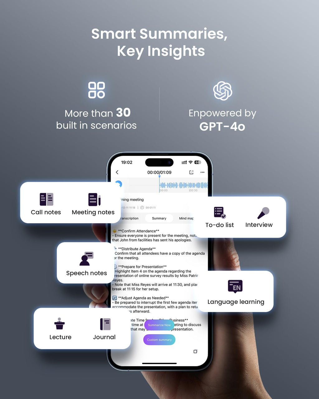 Craques AI voice recorder with transcription showing smart summaries and key insights on smartphone screen