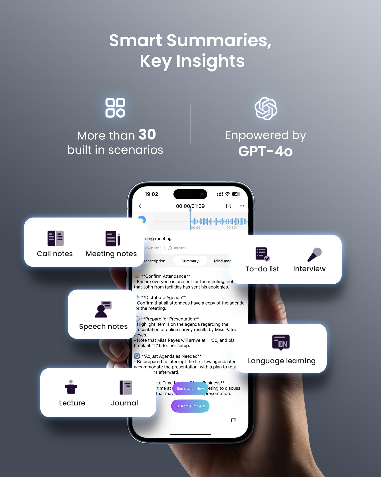 Craques AI voice recorder with transcription showing smart summaries and key insights on smartphone screen