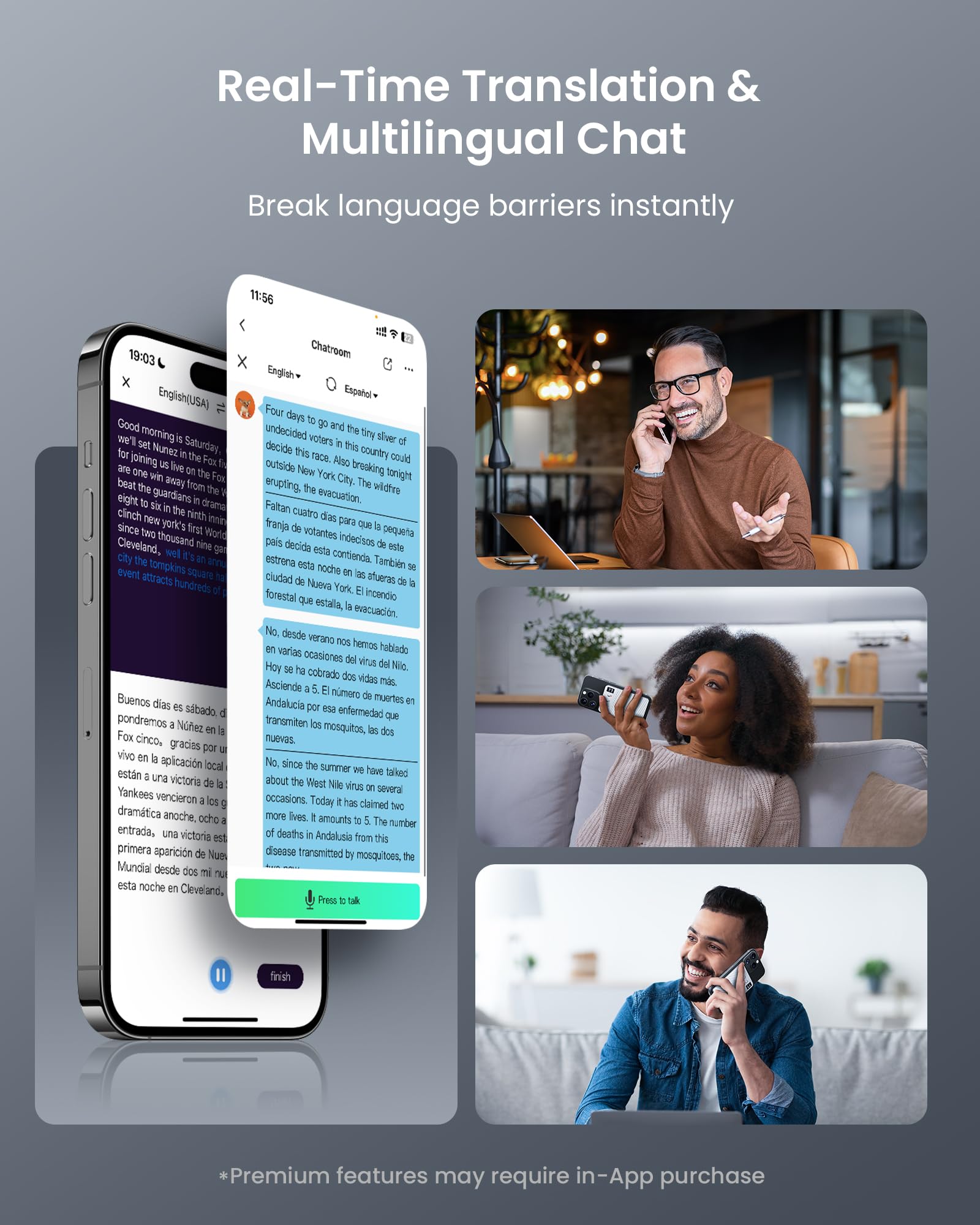 AI voice recorder with transcription showing real-time translation and multilingual chat on smartphone with people using voice features