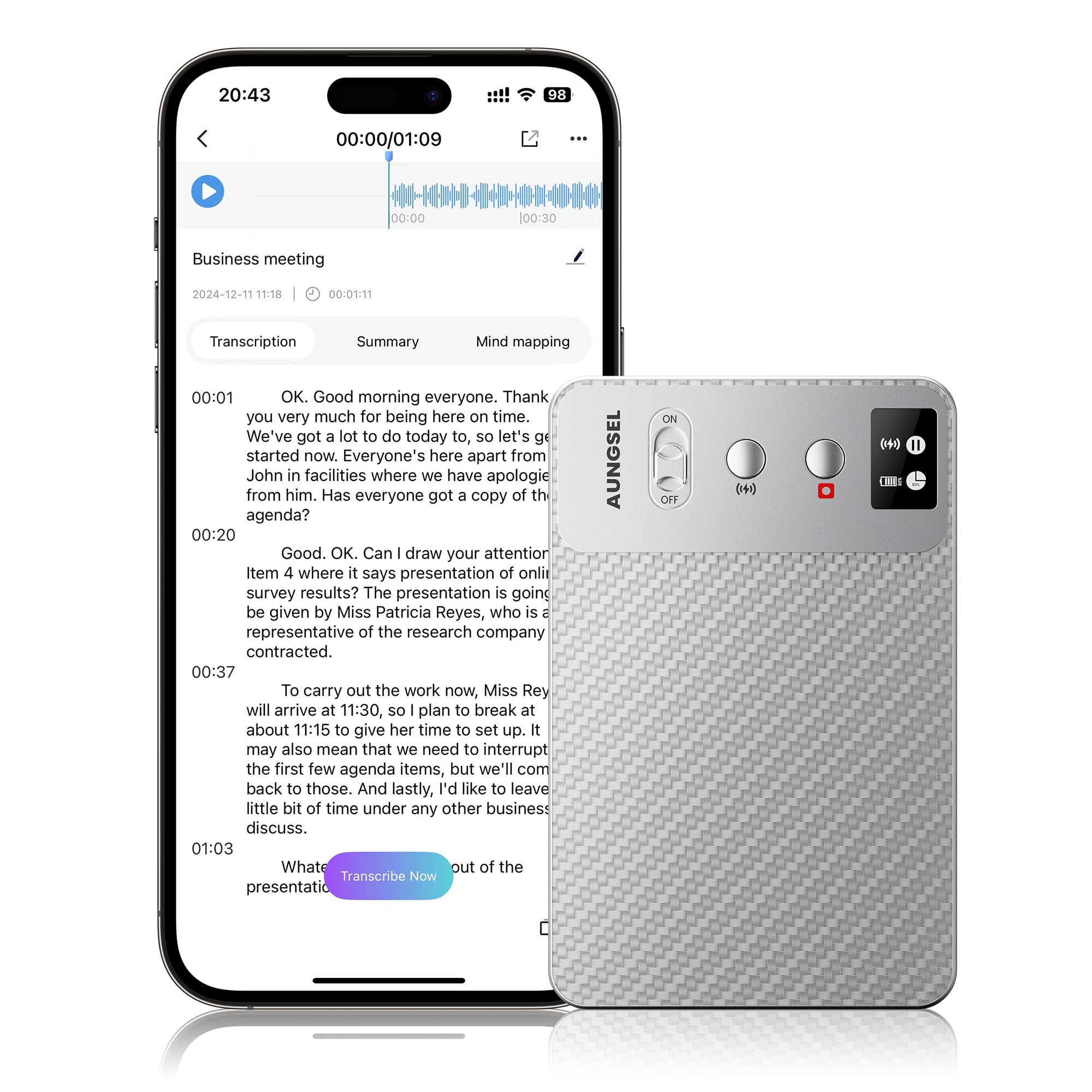 AI voice recorder with transcription by craques next to smartphone displaying transcribed business meeting text