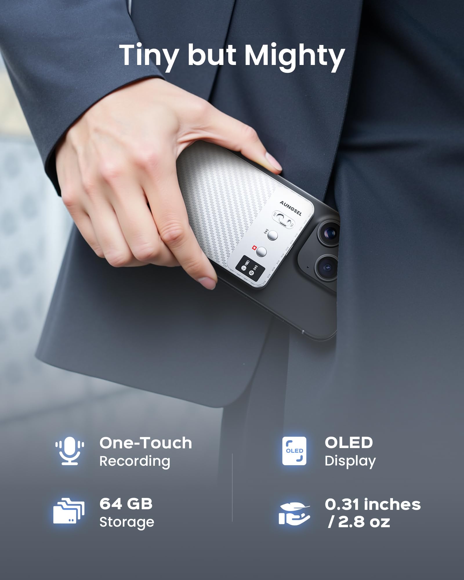 AI voice recorder with transcription held in hand highlights one-touch recording and OLED display