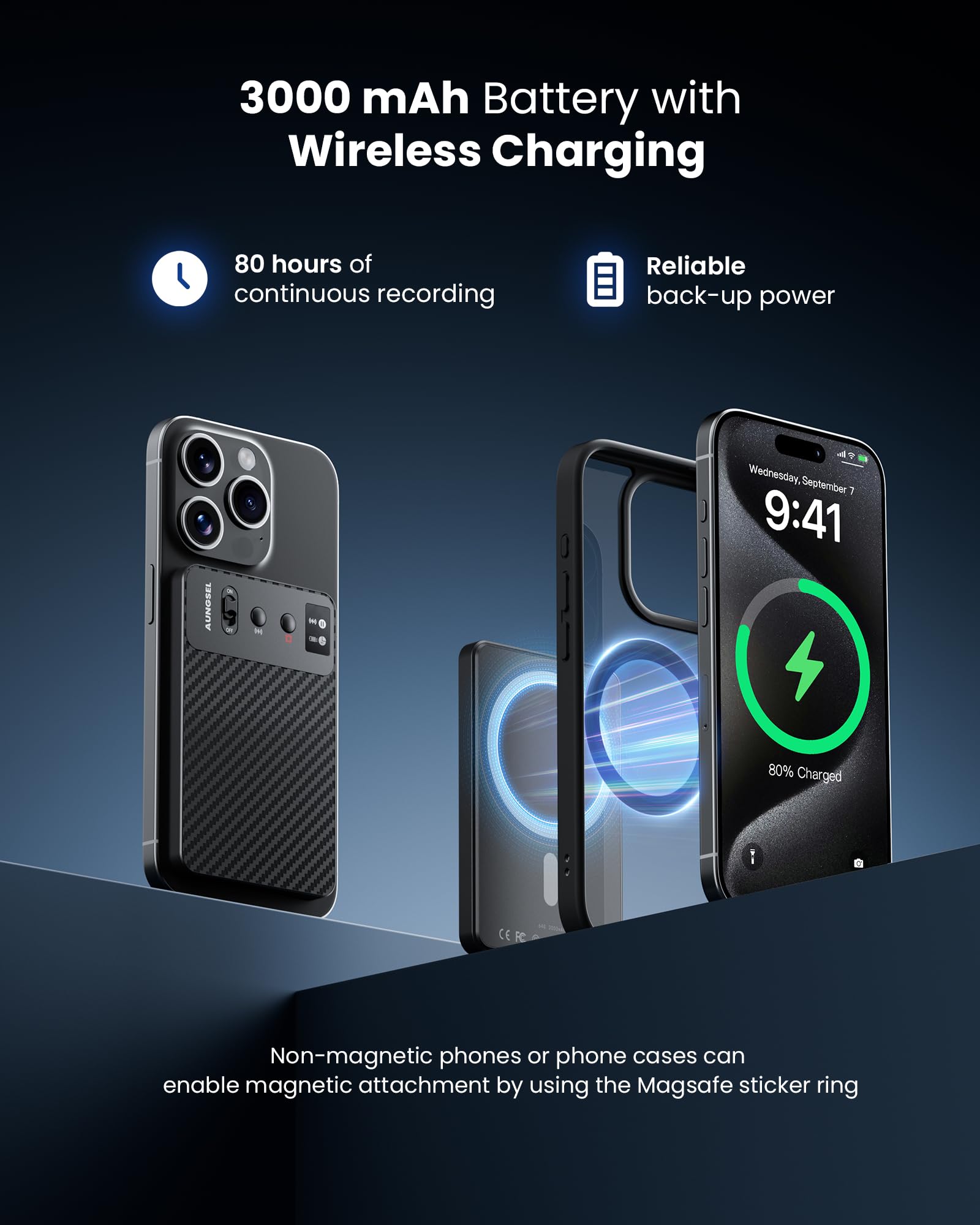 Craques AI voice recorder with transcription showing 3000 mAh battery and wireless charging for 80 hours recording