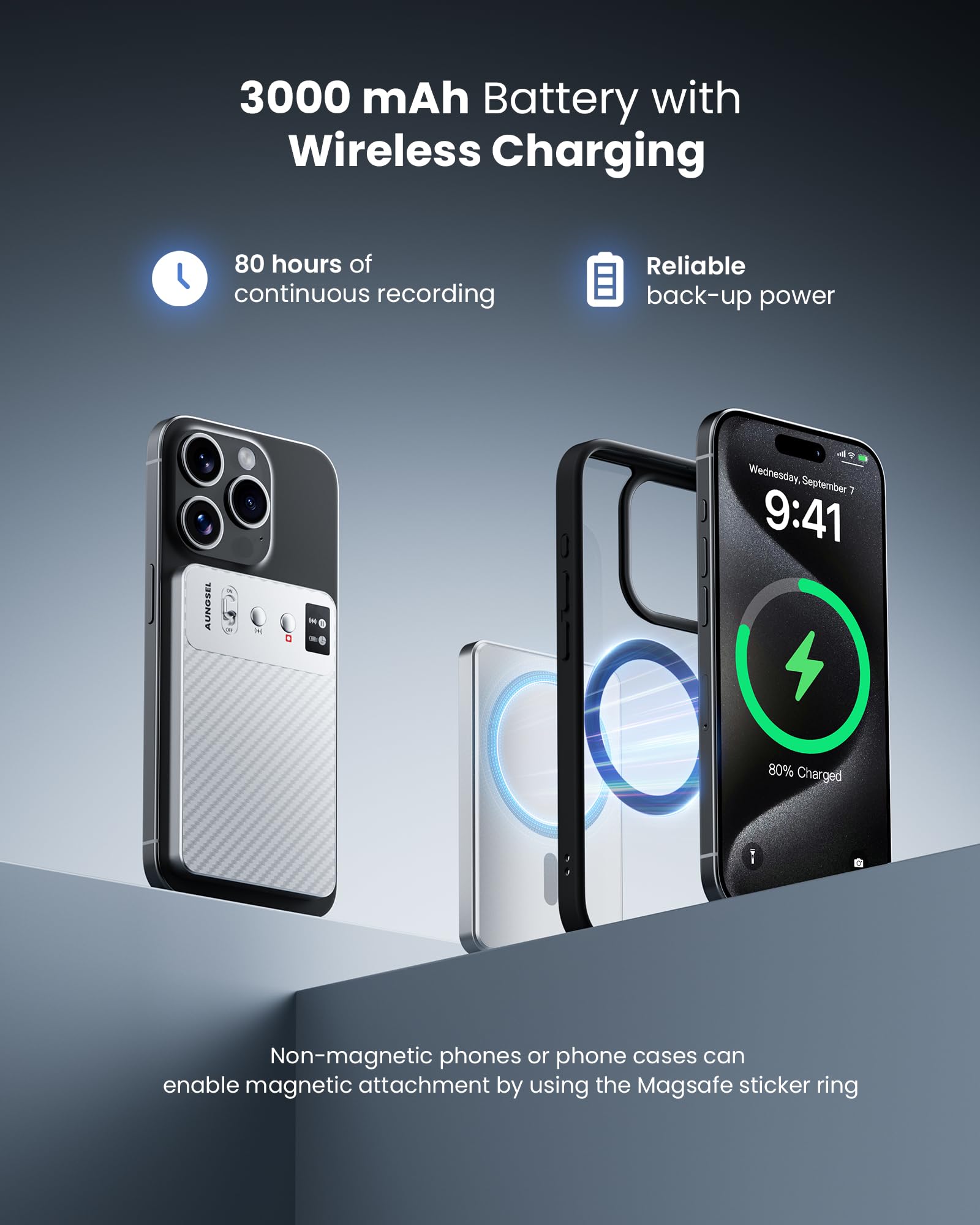 AI voice recorder with transcription phone case featuring 3000mAh battery, wireless charging, and 80 hours recording