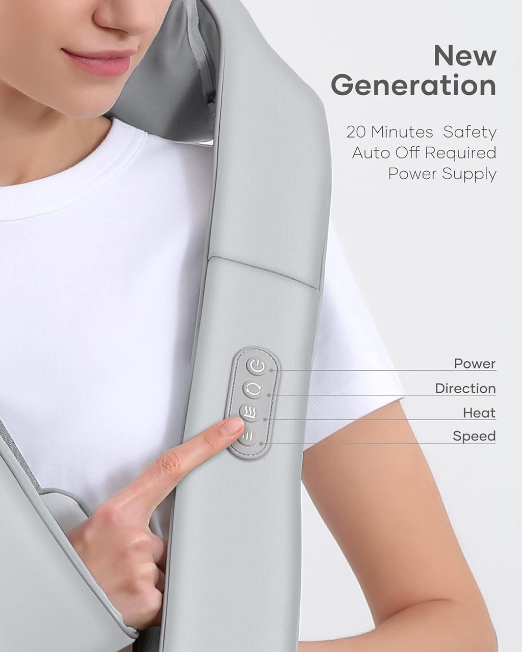Craques back massager with heat in light gray featuring control buttons for power direction heat and speed