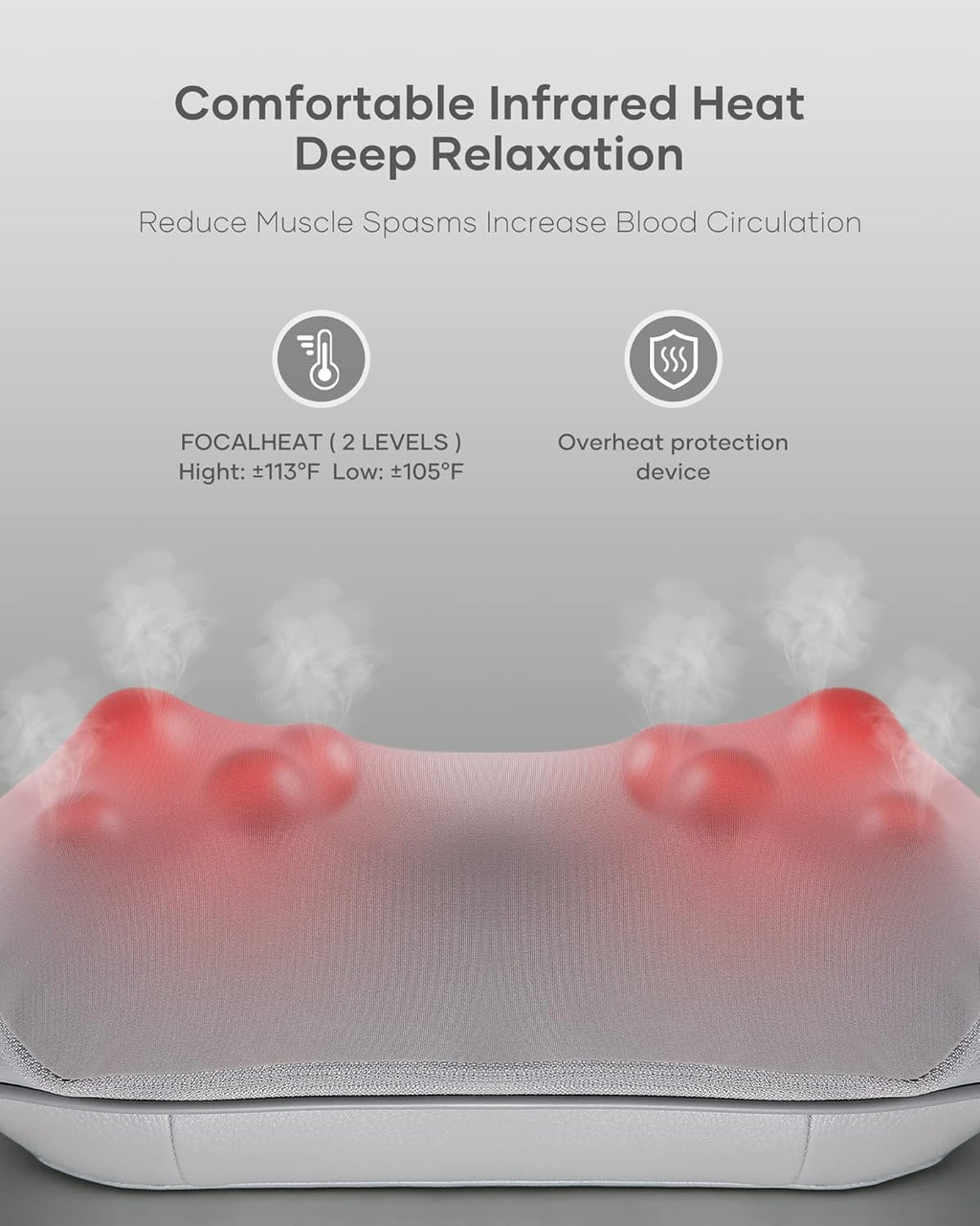 Craques back massager with heat showing infrared heat massage nodes for deep muscle relaxation