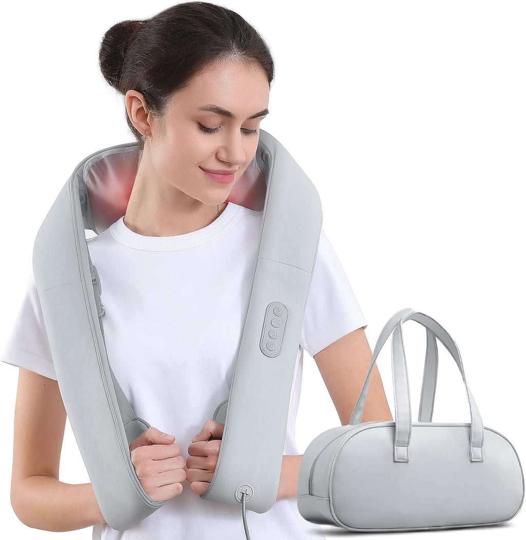craques back massager with heat worn by woman in white shirt with gray carrying case