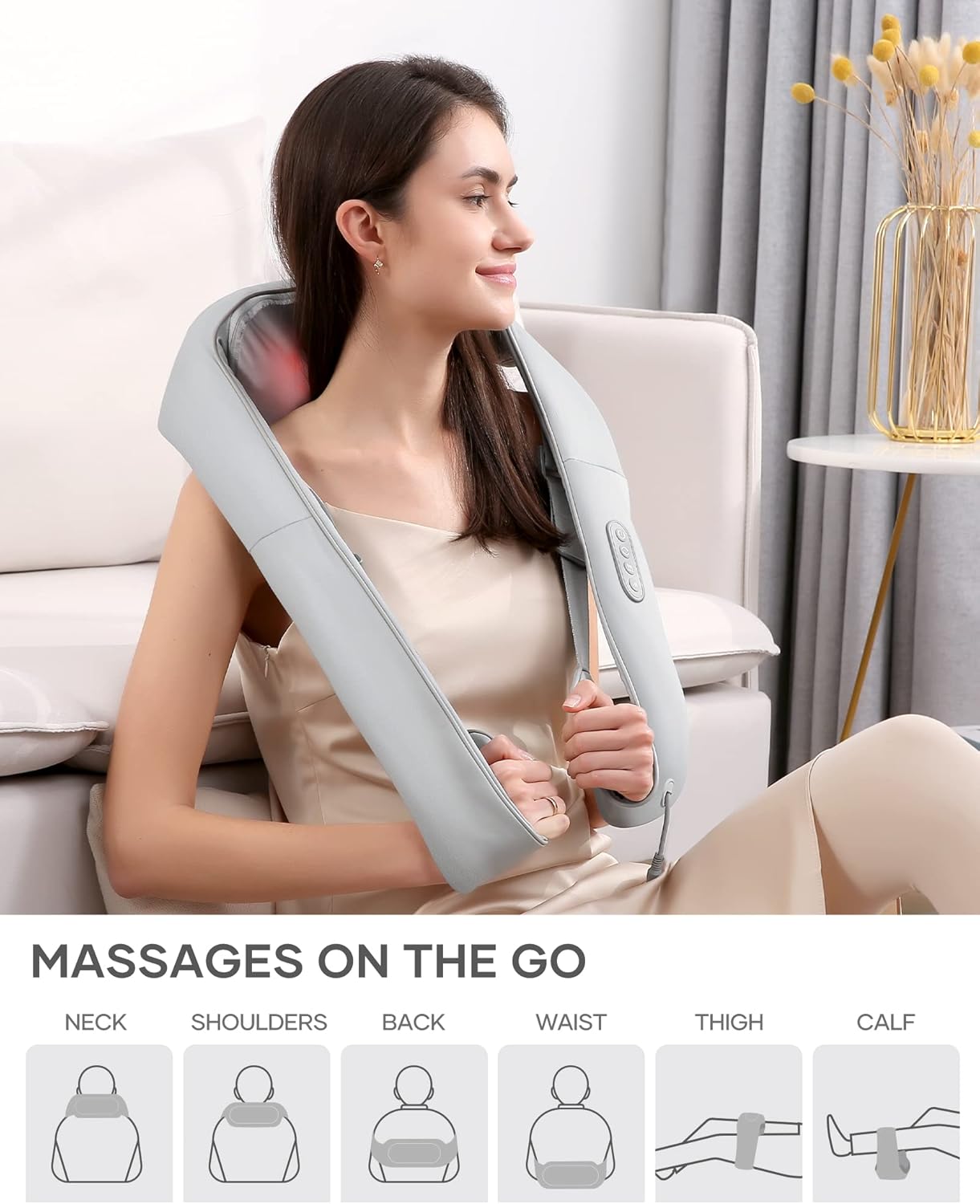 Craques back massager with heat in gray used by woman for neck shoulders back waist thigh and calf massage