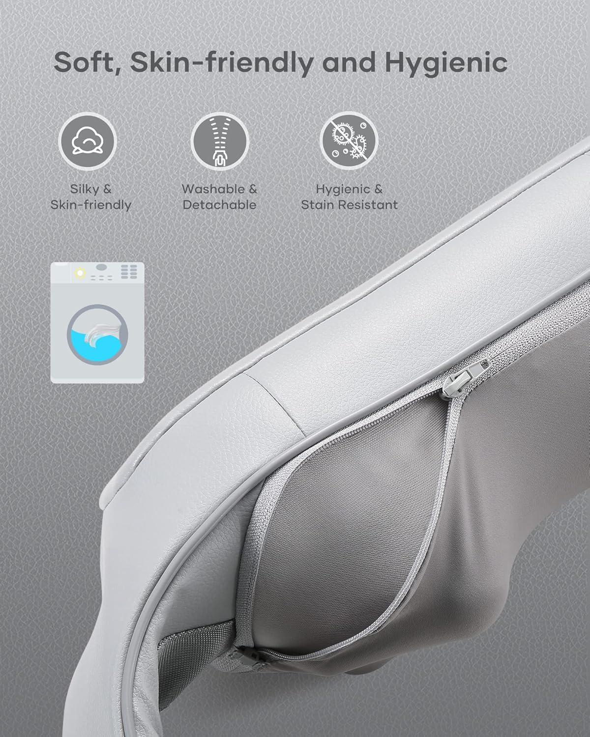 Close-up of soft, skin-friendly, washable, and stain-resistant fabric on craques back massager with heat