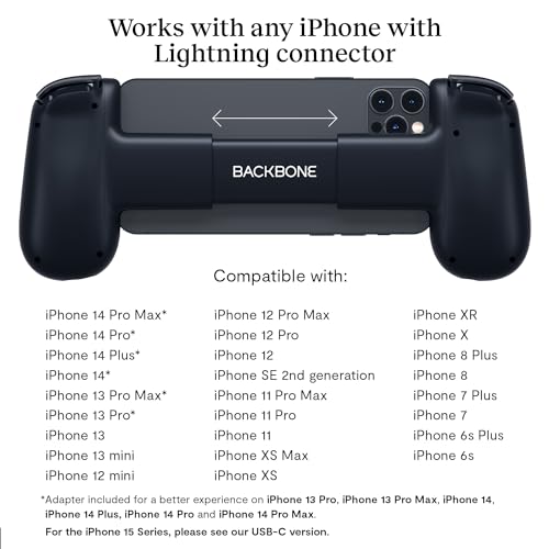 BACKBONE One controller for Android shown attached to an iPhone with Lightning connector black gaming grip