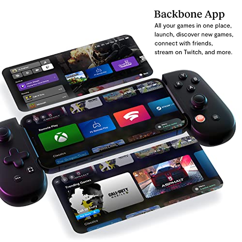 BACKBONE One controller for Android showing gaming app interface on connected smartphones