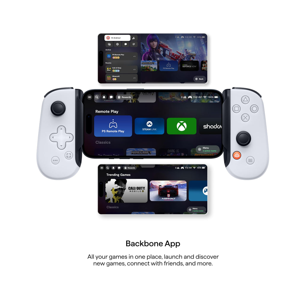 BACKBONE One controller for Android showing connected smartphone and gaming app interface