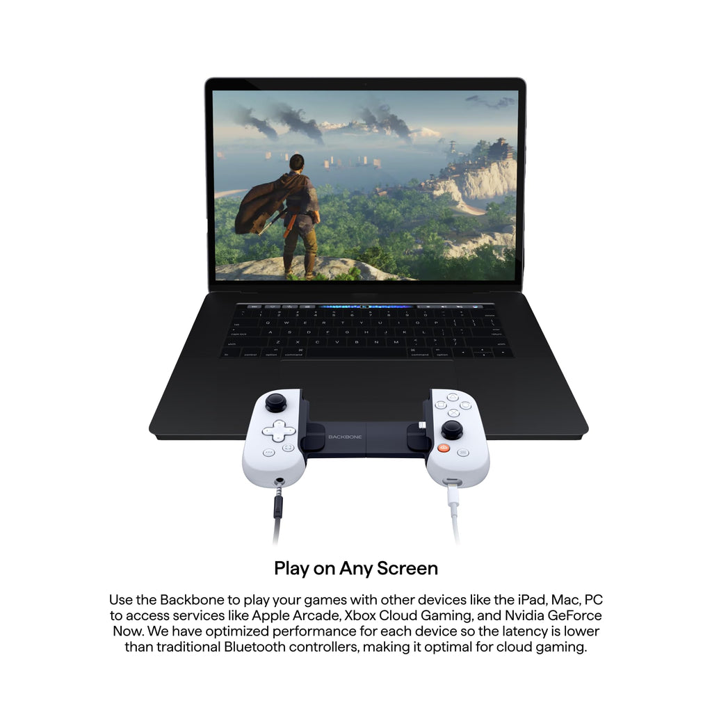 BACKBONE One controller for Android connected to laptop displaying adventure game with scenic landscape