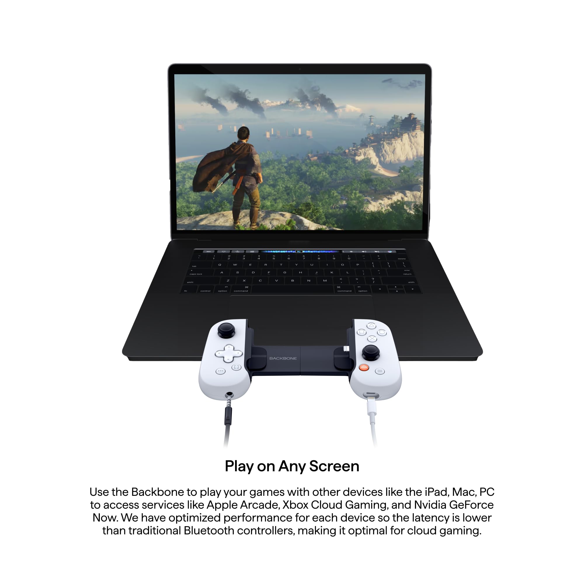 BACKBONE One controller for Android connected to laptop displaying adventure game with scenic landscape