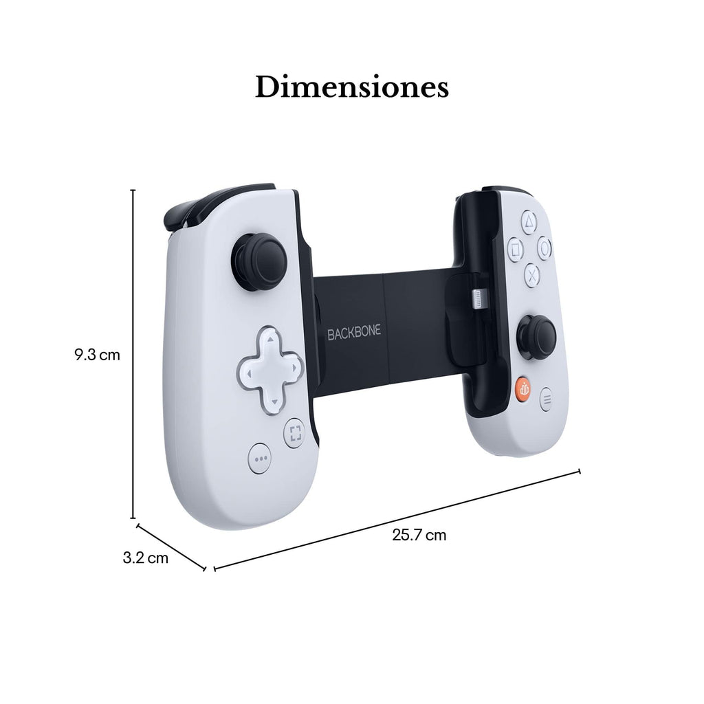 Backbone One controller for Android showing white gamepad with dimensions and black adjustable middle section