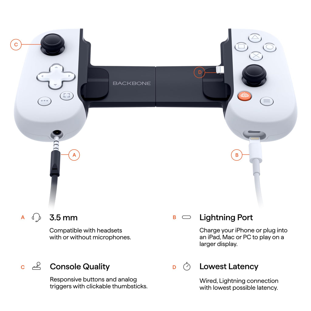 BACKBONE One controller for Android with responsive buttons, analog triggers, 3.5 mm headset jack, and lightning port for low latency