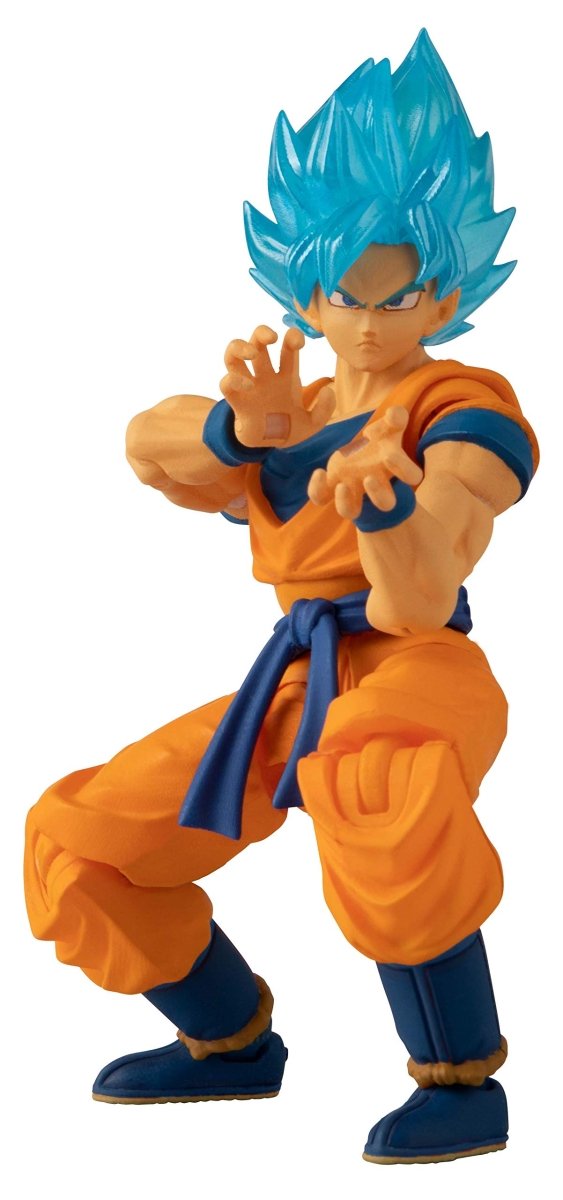 Craques Dragon Ball Super action figure of a character with blue spiky hair in an orange martial arts outfit
