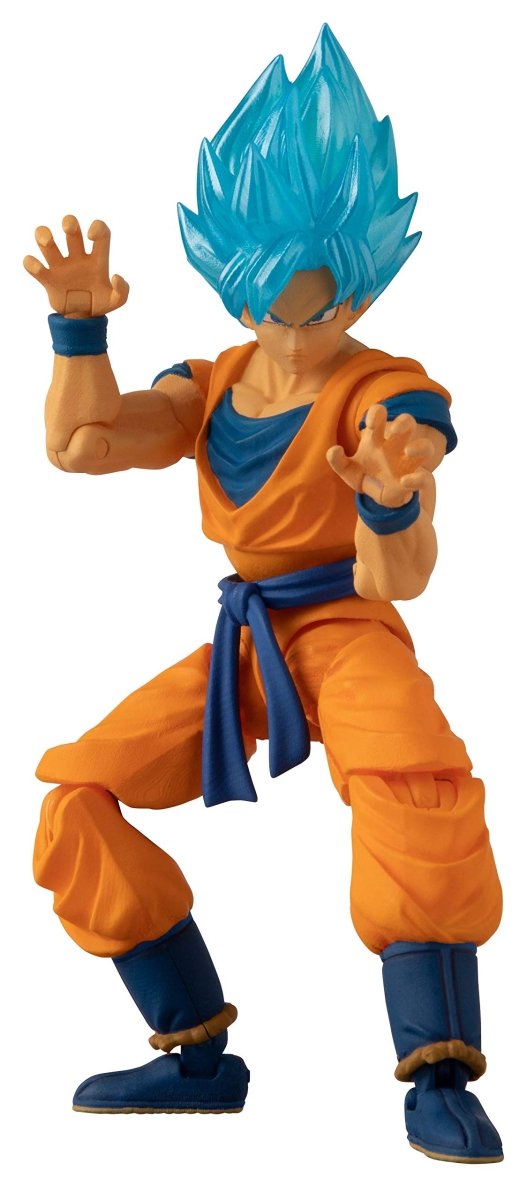 Craques Dragon Ball Super action figure with blue hair in dynamic fighting pose wearing orange gi