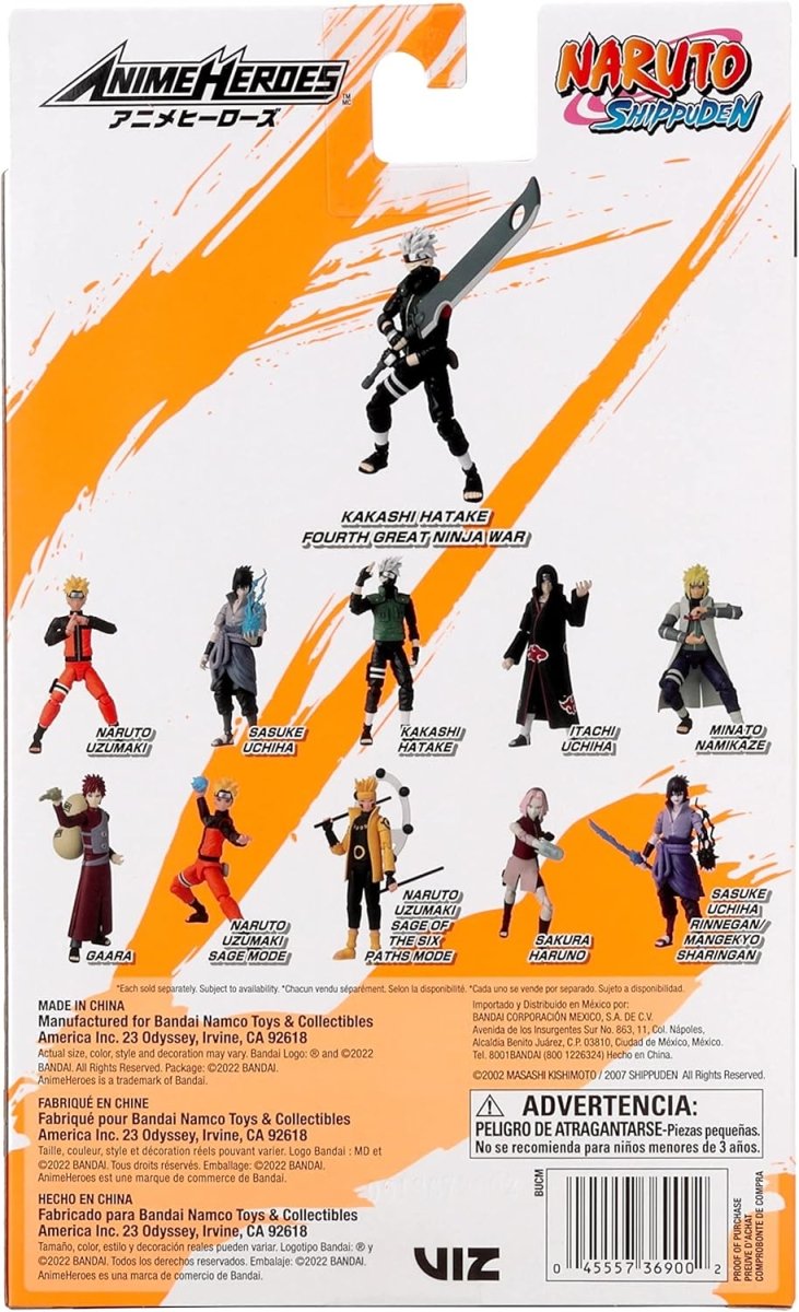 Kakashi Fourth Great Ninja War action figure displayed with Naruto, Sasuke, and other Naruto Shippuden characters on Anime Heroes packaging