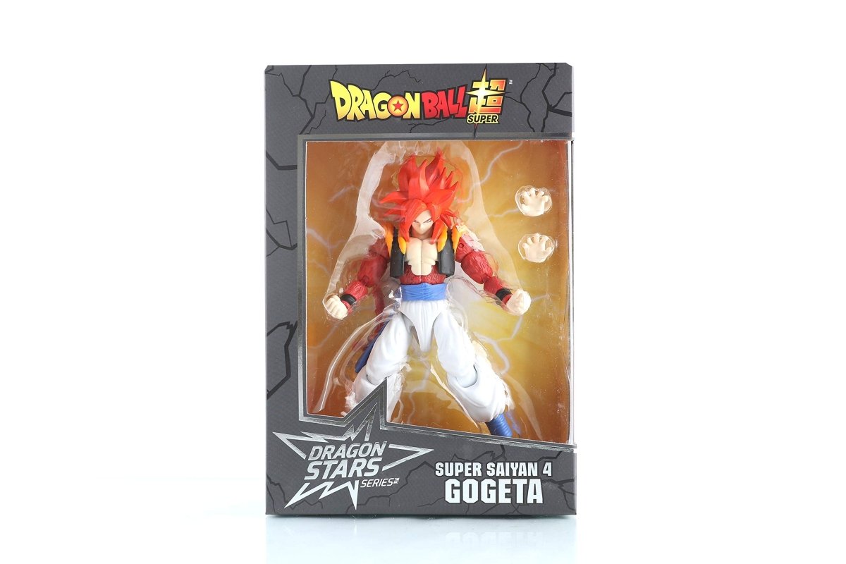 Super Saiyan 4 Gogeta action figure from Dragon Ball Super in retail packaging with extra hands