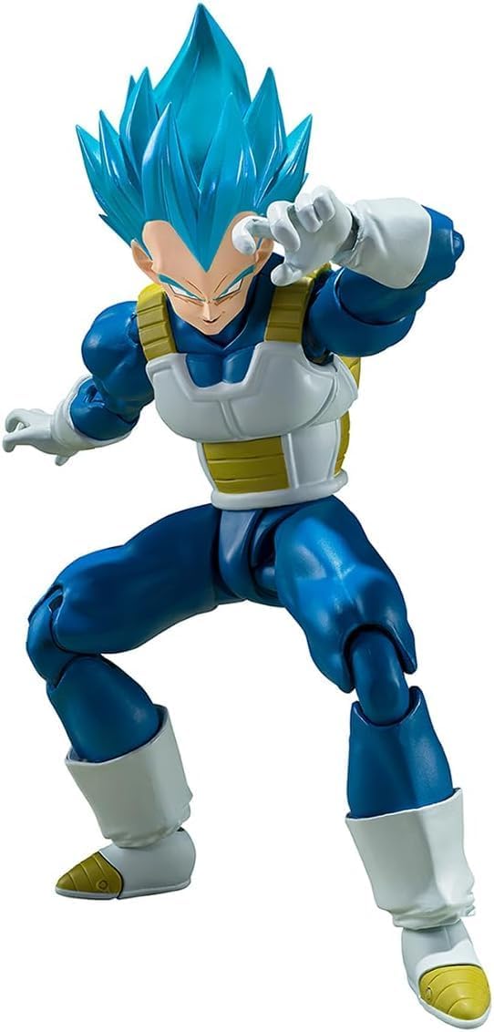 Super Saiyan God Vegeta action figure in blue armor with intense pose and blue spiky hair