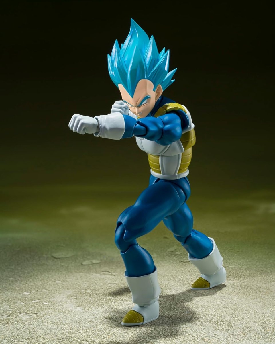 Super Saiyan God Vegeta action figure in blue hair and armor posed for battle by craques