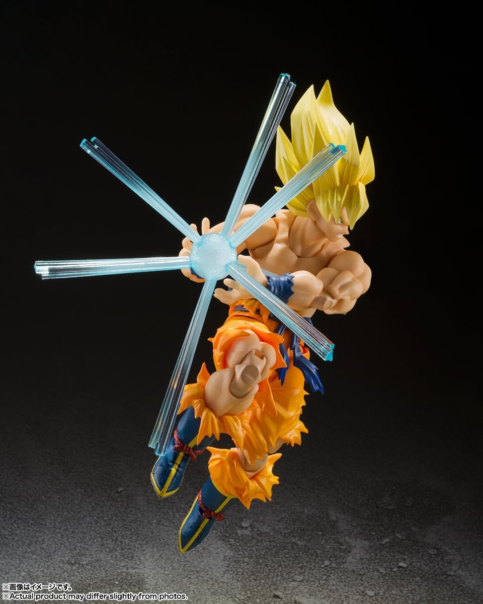 Super Saiyan Son Goku action figure by craques in dynamic energy attack pose with blue energy effects