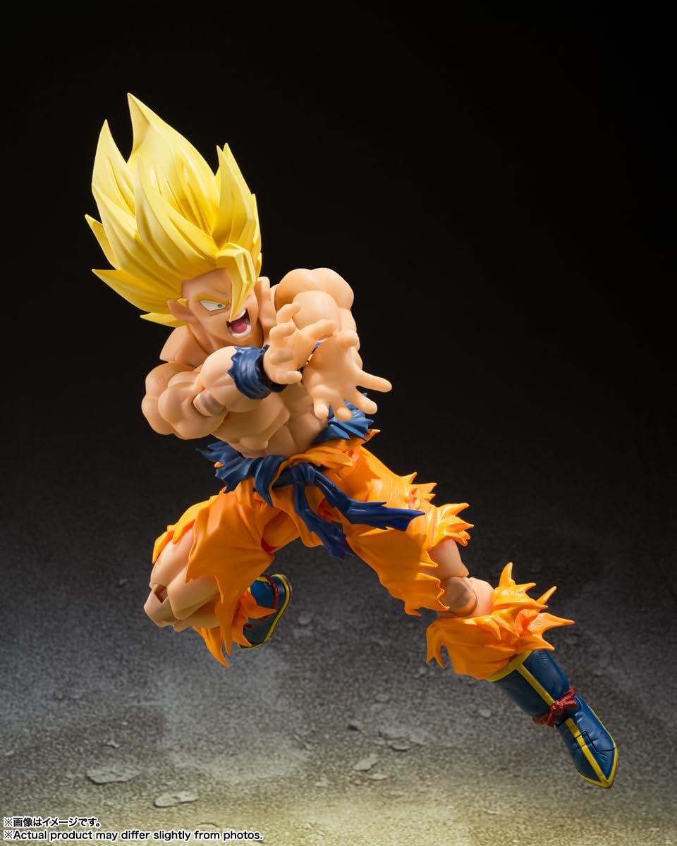 Super Saiyan Son Goku action figure in dynamic fighting pose with bright yellow hair and orange outfit