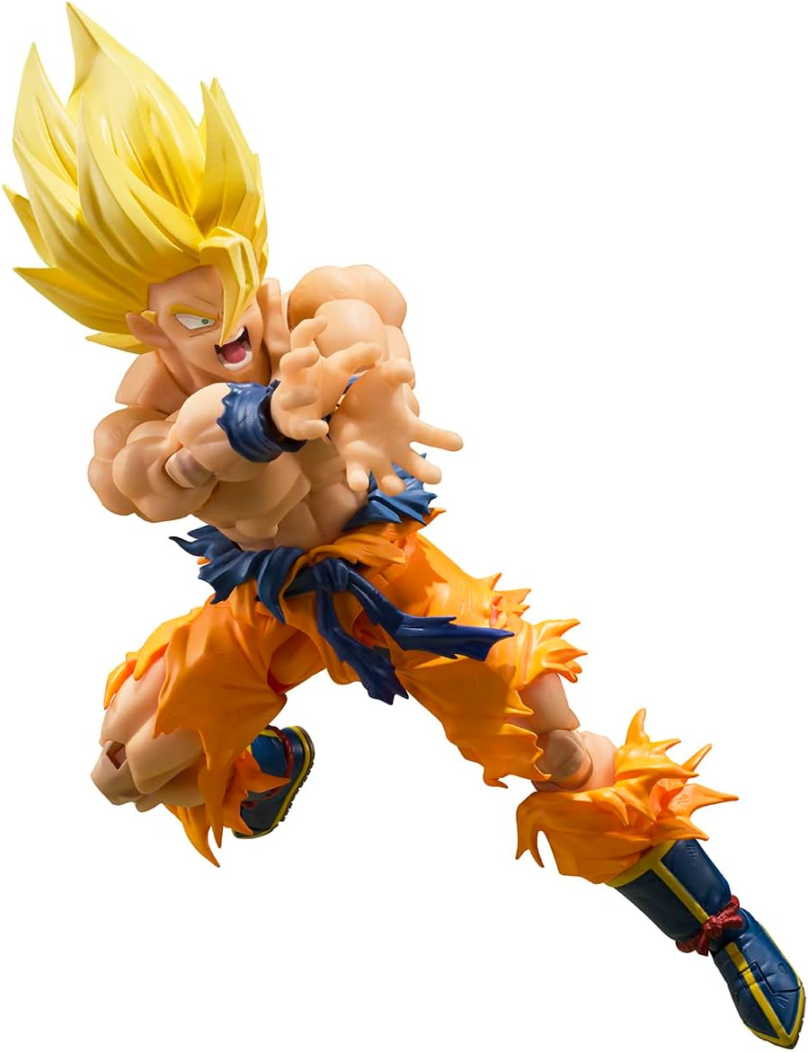 Super Saiyan Son Goku action figure in dynamic battle pose with spiky yellow hair and orange outfit