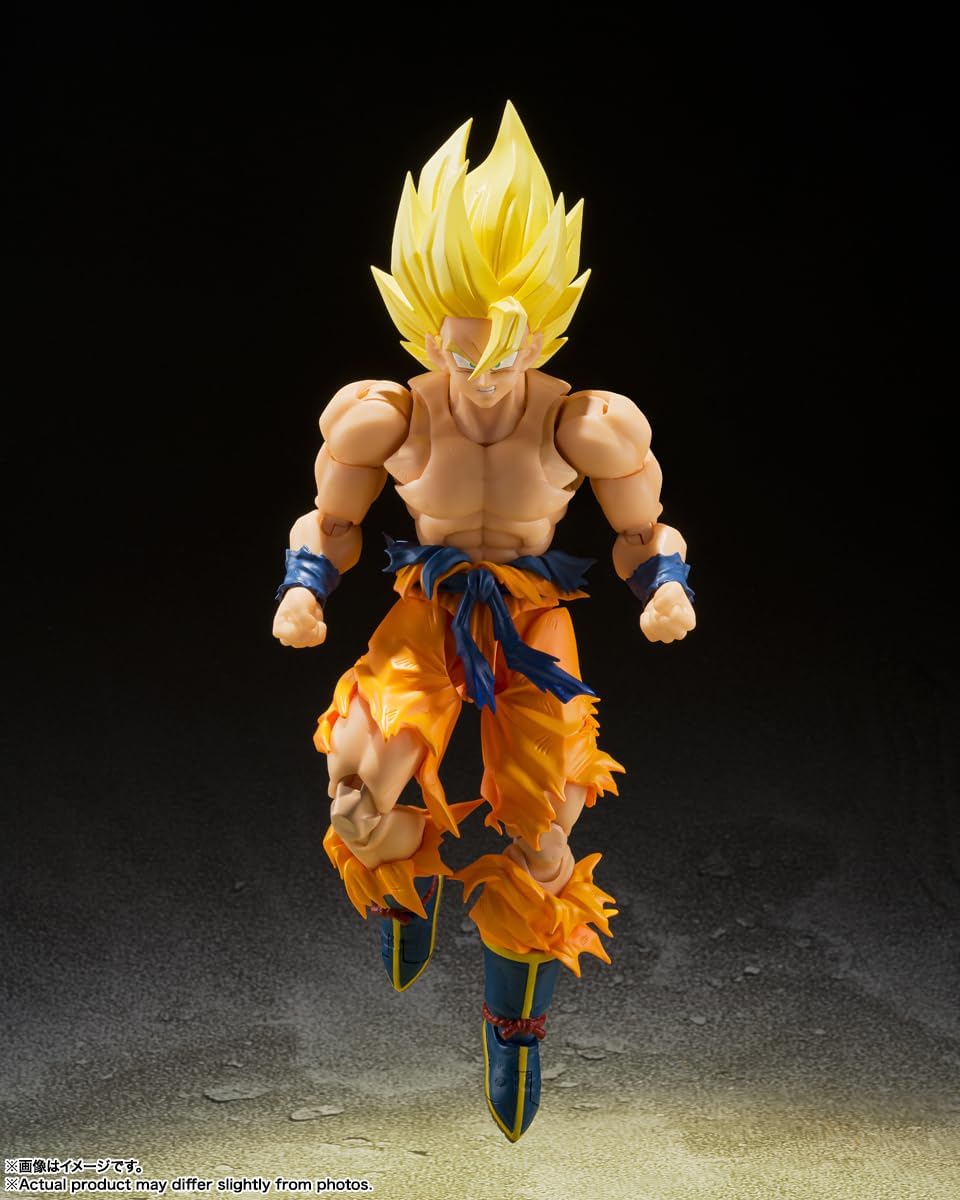 Super Saiyan Son Goku action figure with yellow hair and orange torn pants in dynamic pose