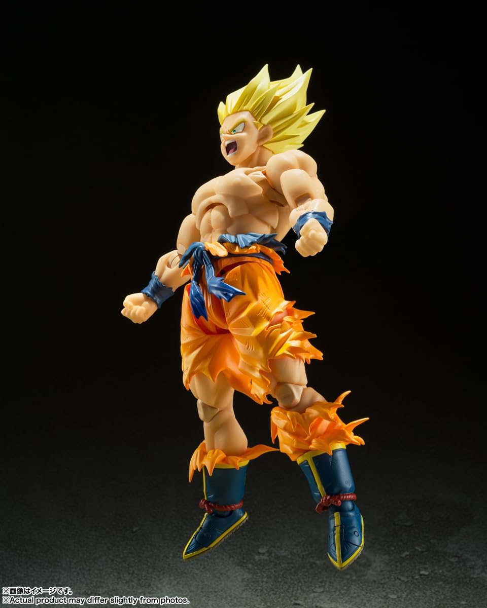 Super Saiyan Son Goku action figure with yellow hair and orange torn pants in dynamic battle pose