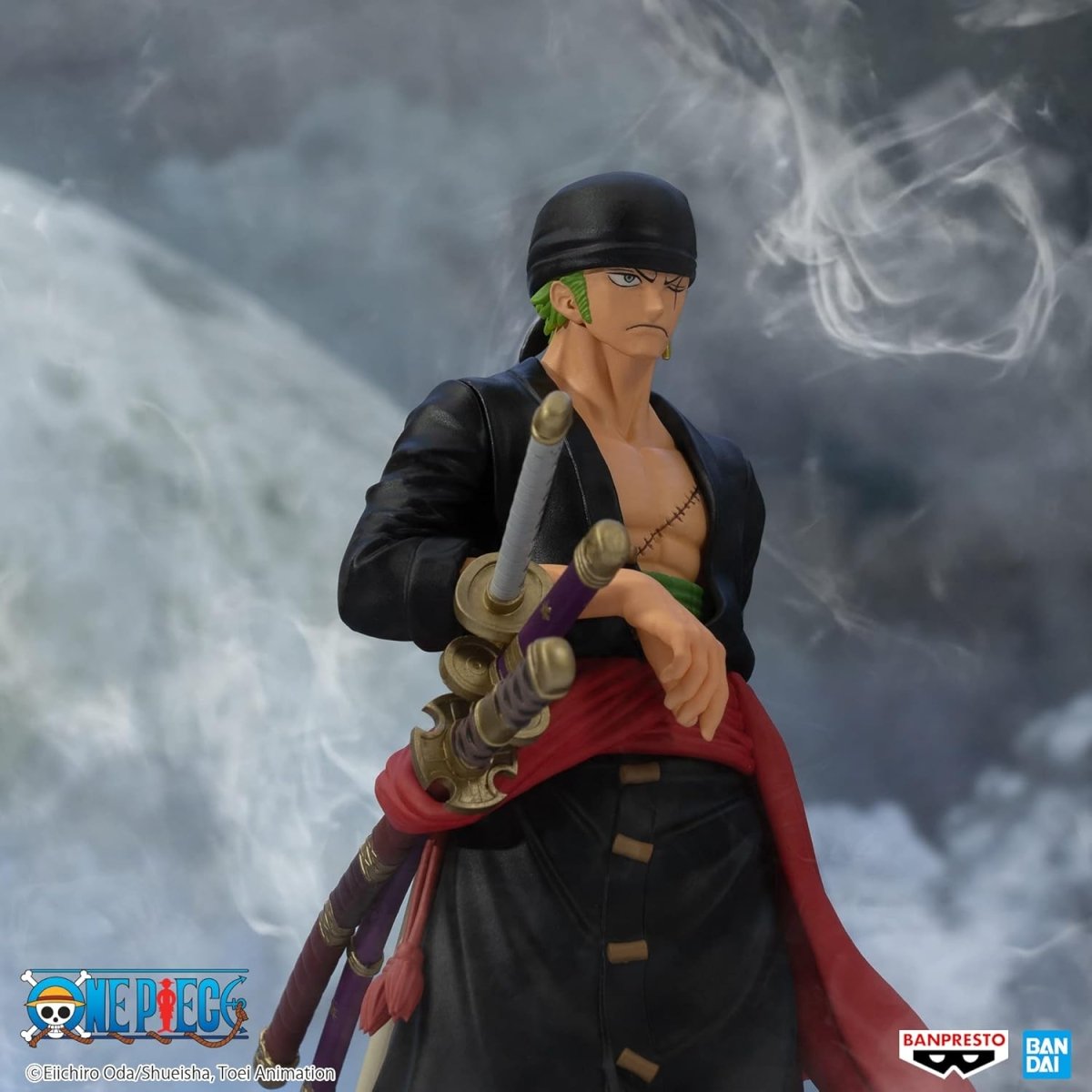 Banpresto One Piece Zoro figure in black outfit with three swords and red sash standing against smoky background