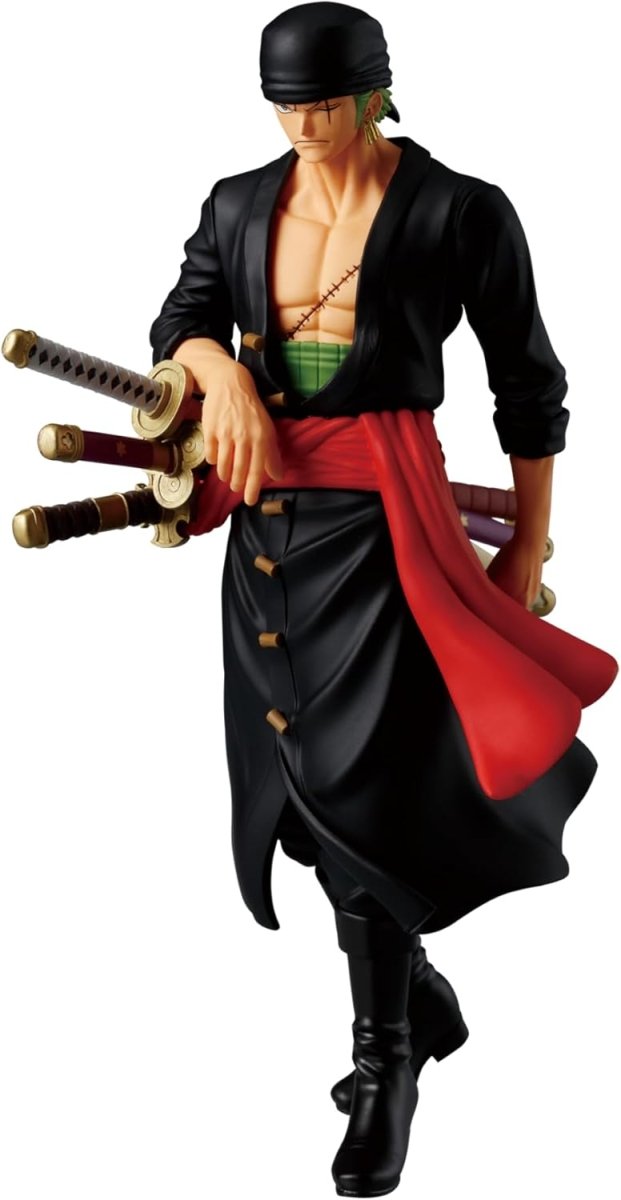 Banpresto One Piece Zoro figure wearing black outfit with red sash and three swords