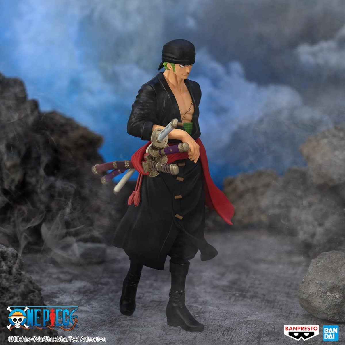 Banpresto One Piece Zoro figure wearing black outfit and bandana with three swords in sheath