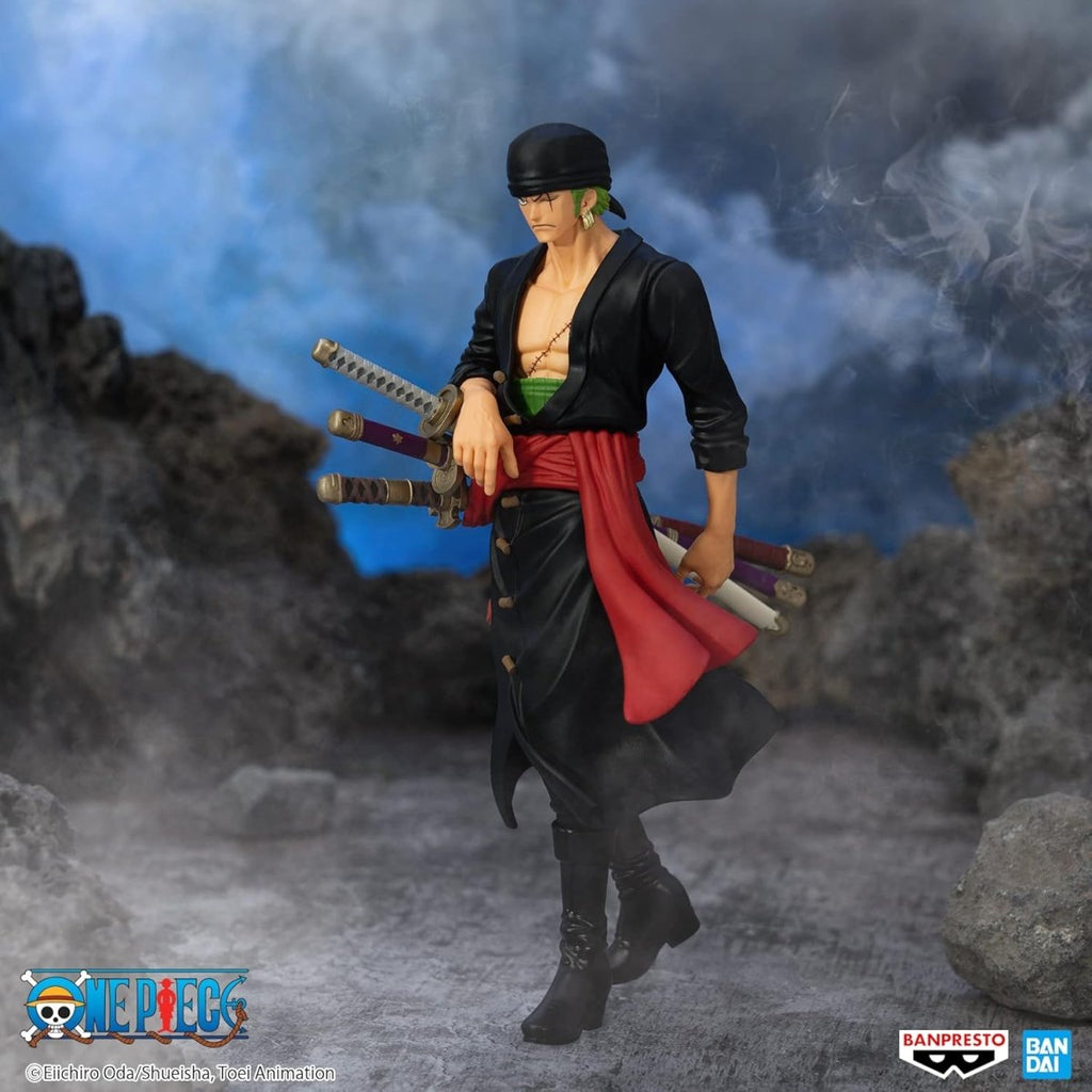 Banpresto One Piece Zoro figure in black outfit with swords standing on rocky terrain with smoky background