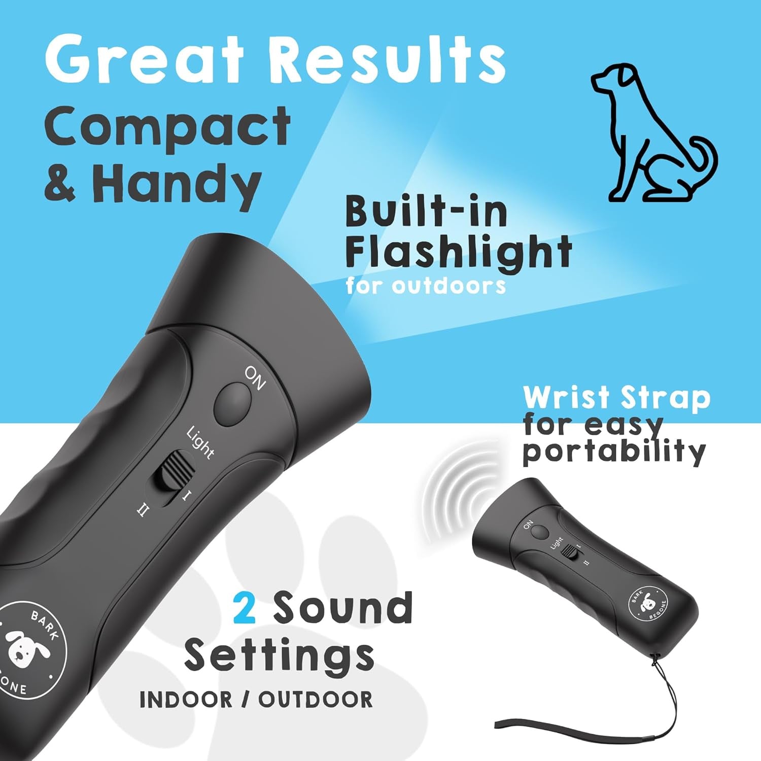 Craques ultrasonic dog bark deterrent with built-in flashlight wrist strap and two sound settings