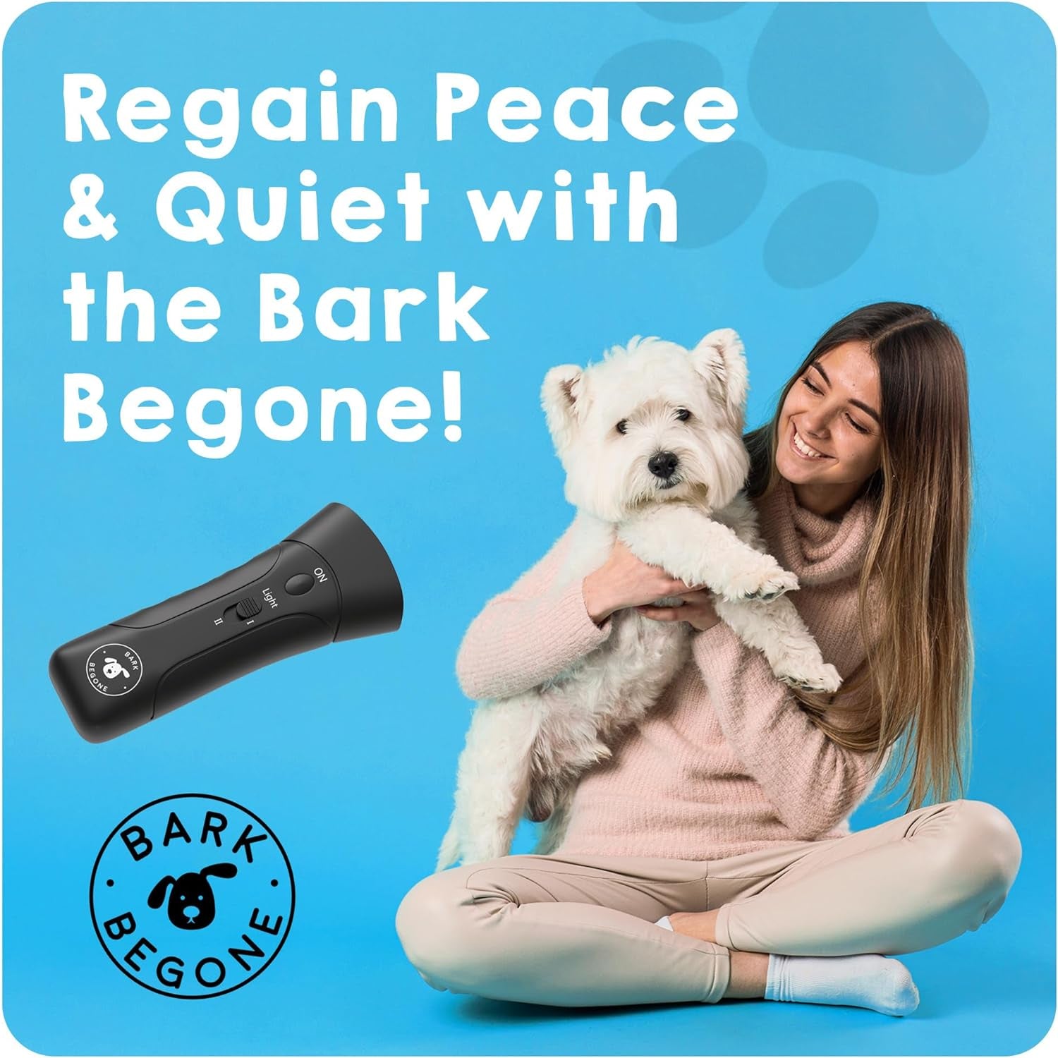 craques ultrasonic dog bark deterrent device shown with happy woman holding a small white dog