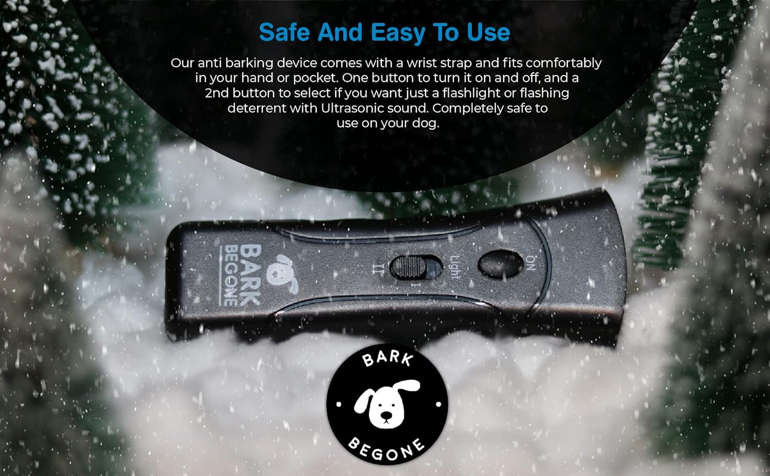craques ultrasonic dog bark deterrent device with wrist strap and on off switch on snowy background