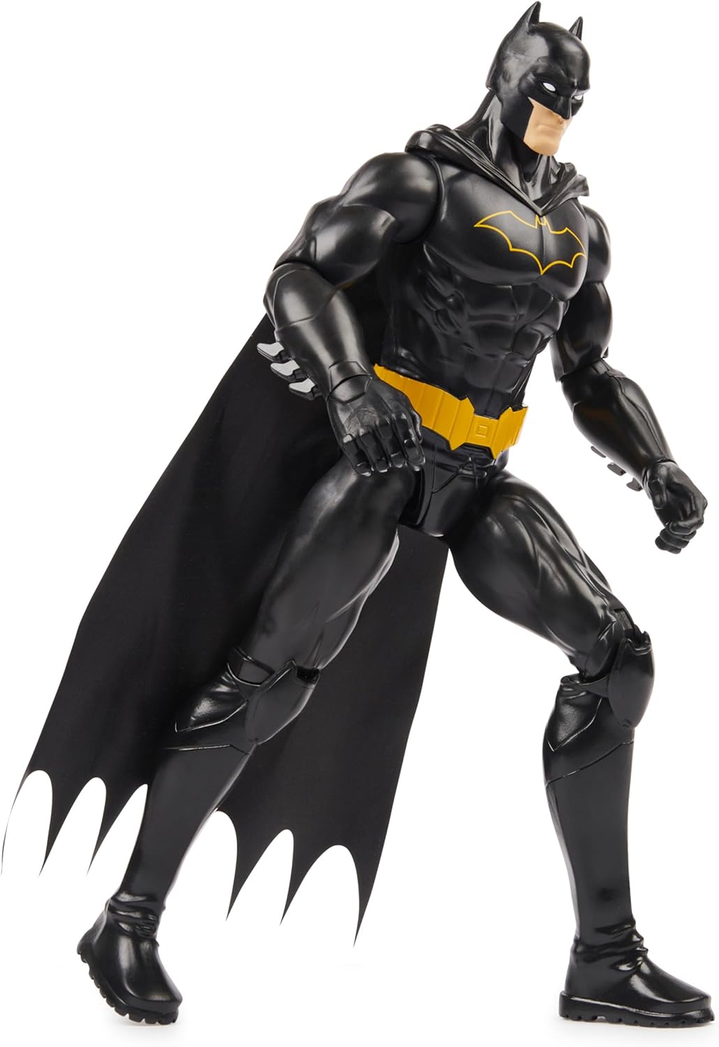 Batman 12 inch action figure set by craques featuring black suit with yellow emblem and cape