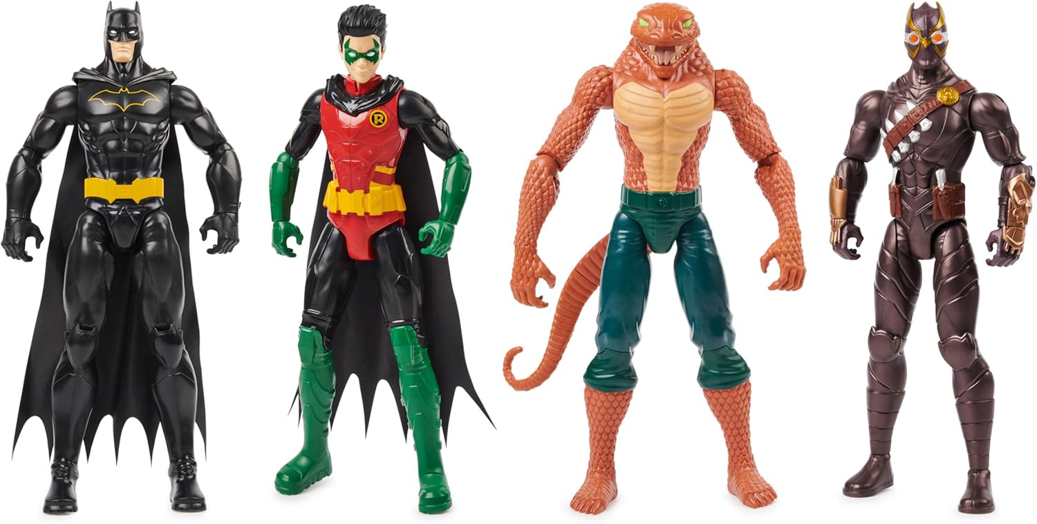 Batman 12 inch action figure set featuring Batman, Robin, Killer Croc, and Azrael with detailed costumes